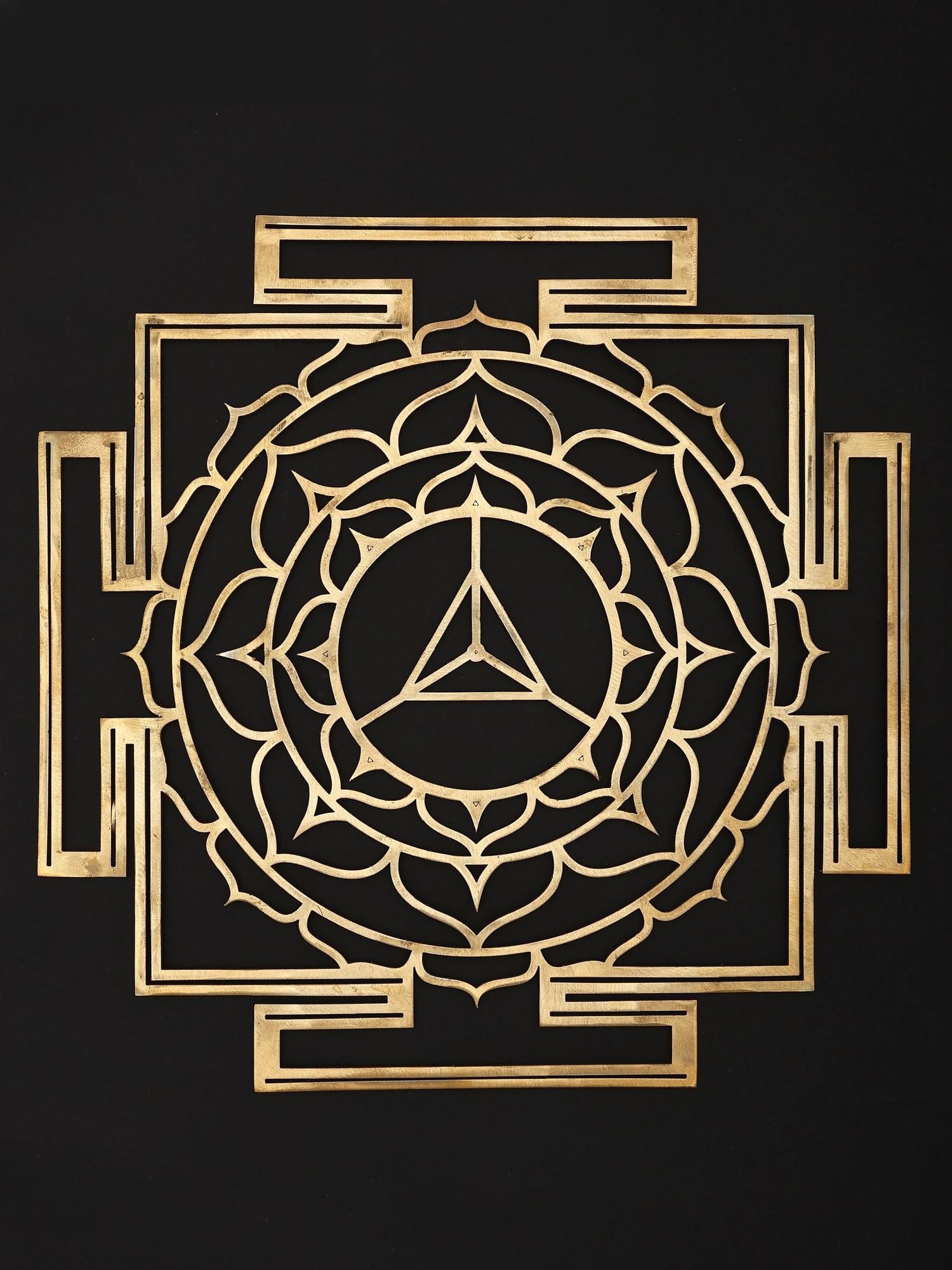 15" Shri Ram Yantra for Peace and Harmony | Brass Yantra | Wall Hanging: Embodying Divine Harmony This exquisite Shri Ram Yantra, crafted from lustrous brass, is more than just an object of art; it is a conduit for peace, harmony, and divine blessings. Its intricate geomet