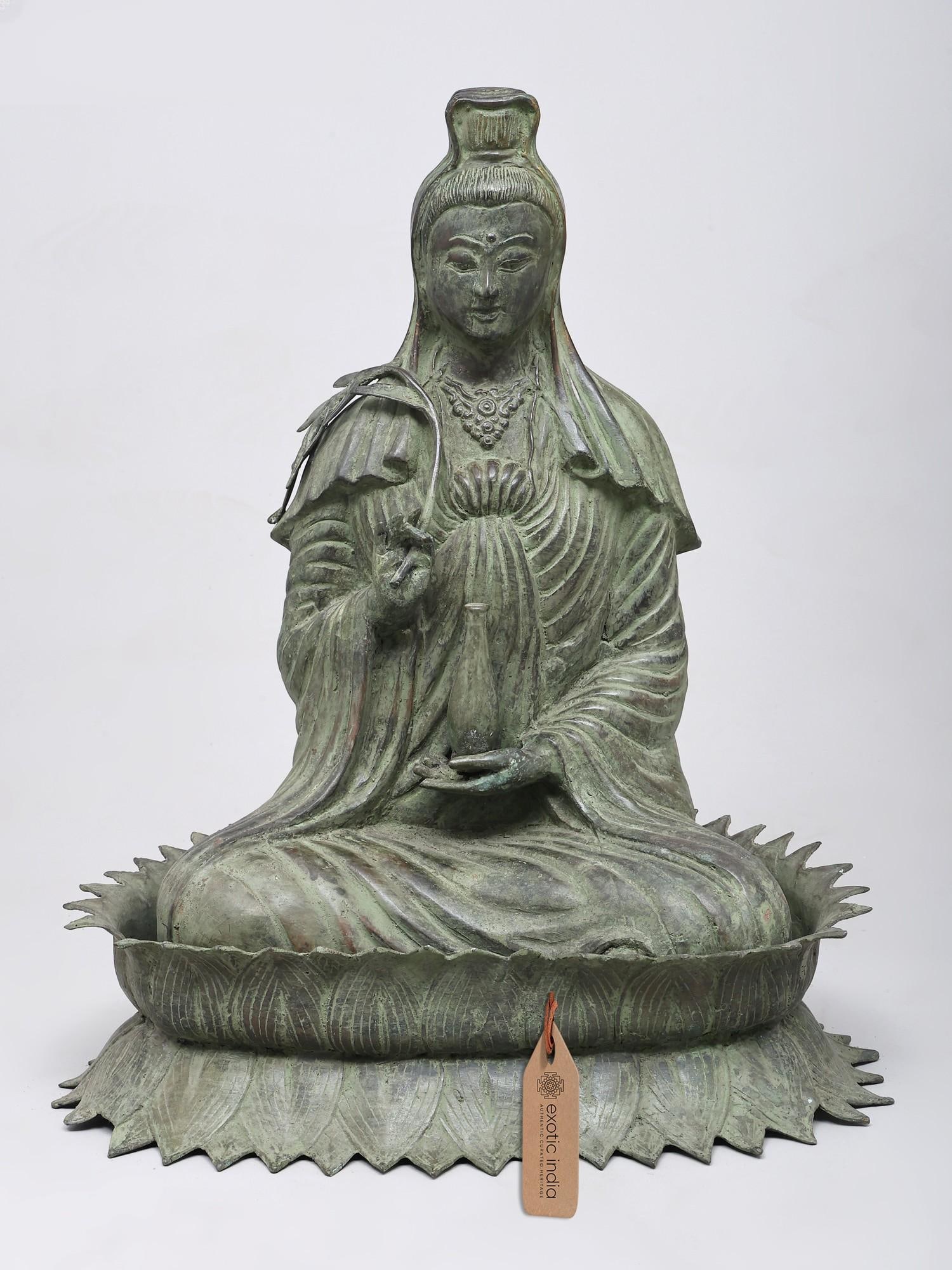18" Goddess Kwan Yin | Buddhist Brass Statue: A Beacon of Compassion: The Serene Goddess Kwan Yin This magnificent brass statue embodies the profound compassion and merciful grace of Goddess Kwan Yin, also known as Avalokiteśvara in