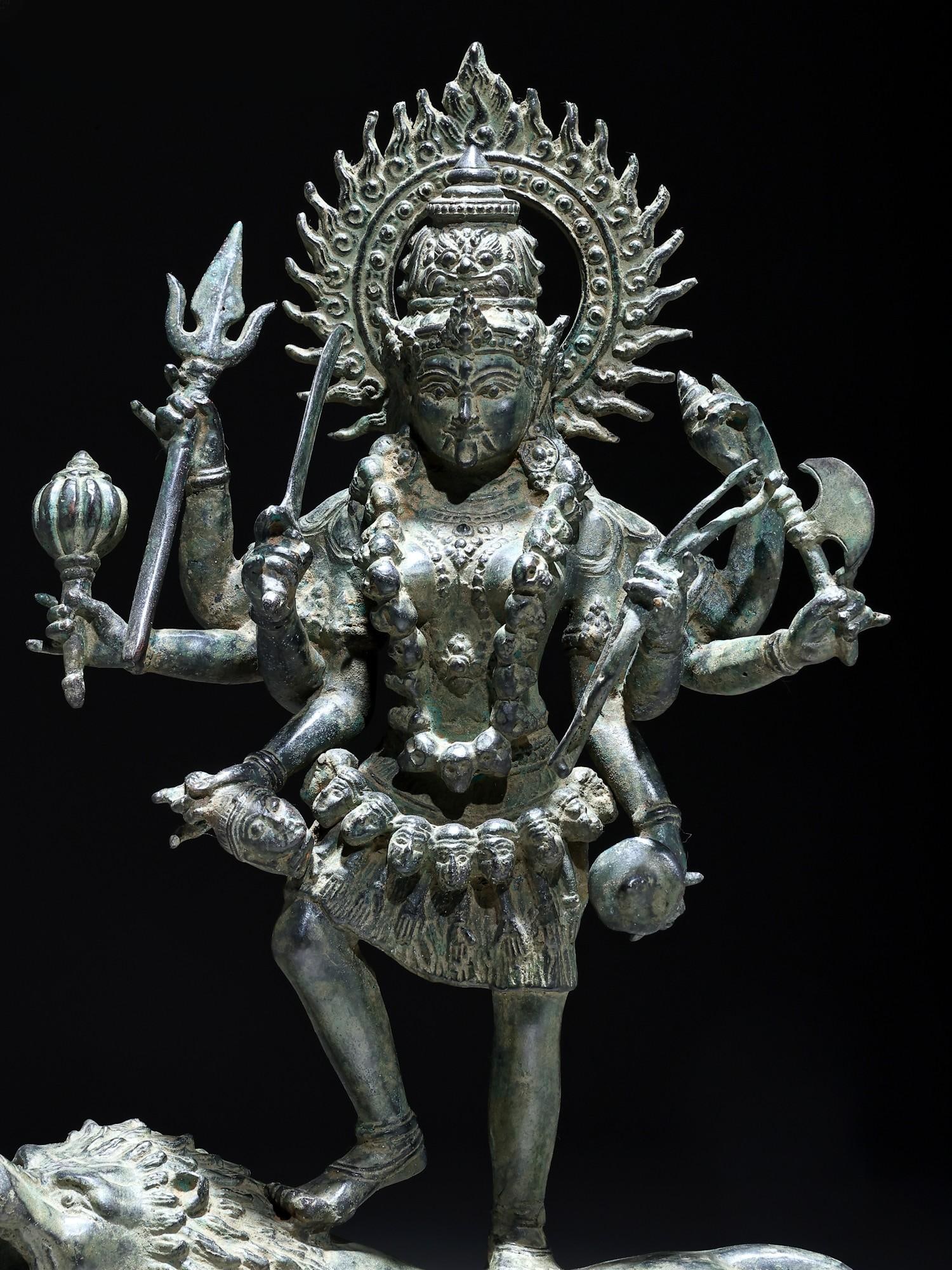 21" Eight Armed Goddess Mahakali Standing on Roaring Lion | Balinese Brass Statue | Made in India - 2