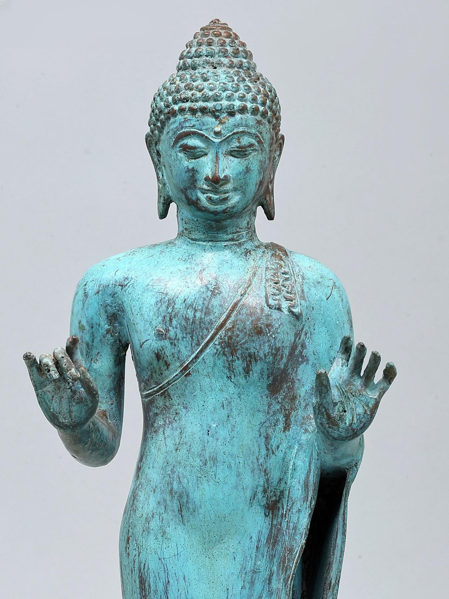 18" Turquoise Toned Standing Lord Buddha | Brass Statue - 2