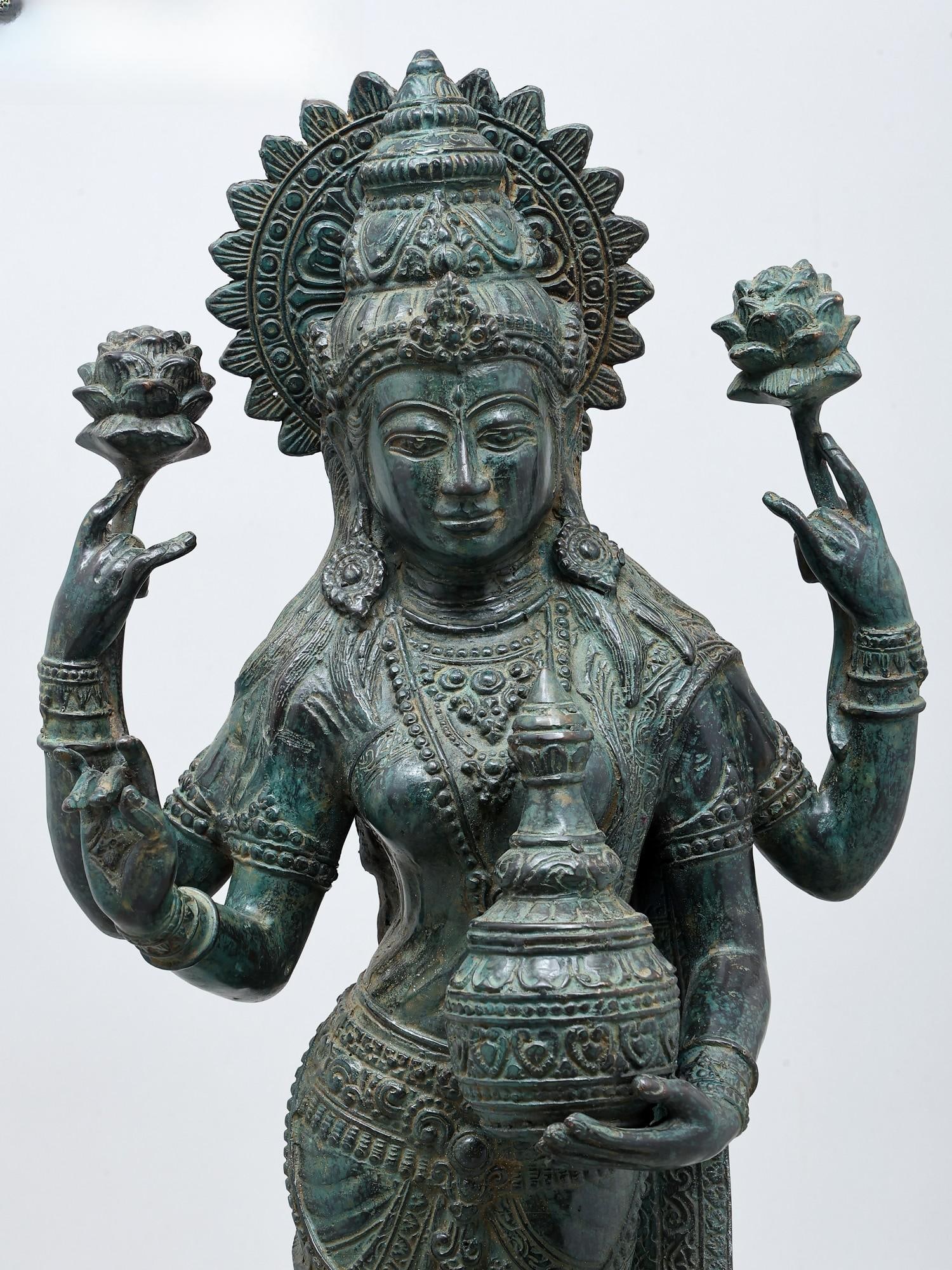 27" Standing Goddess Lakshmi with Wealth Pot | Brass Statue - 2