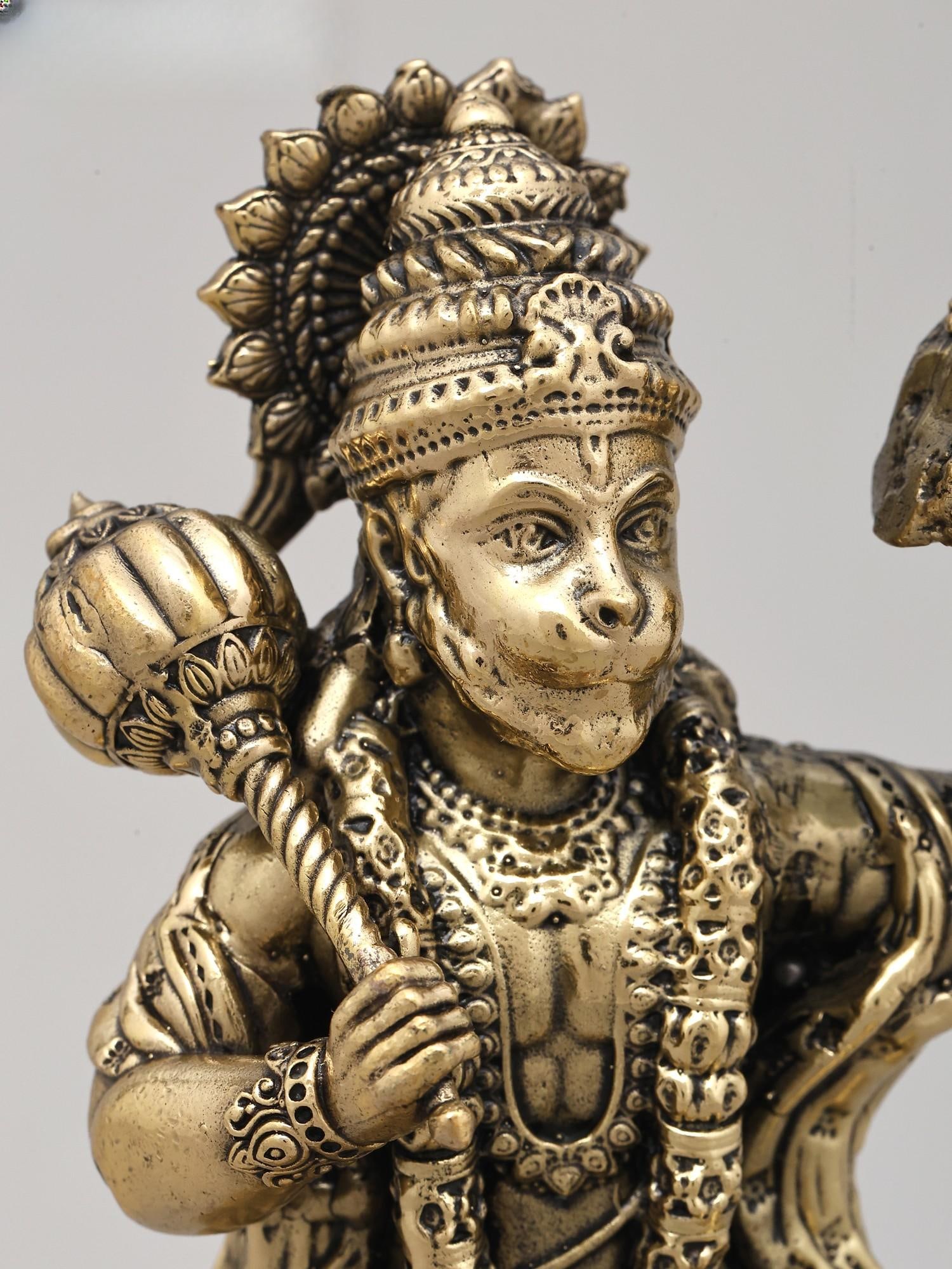 6" Small Superfine Lord Hanuman Carrying Sanjivani | Brass Statue - 2