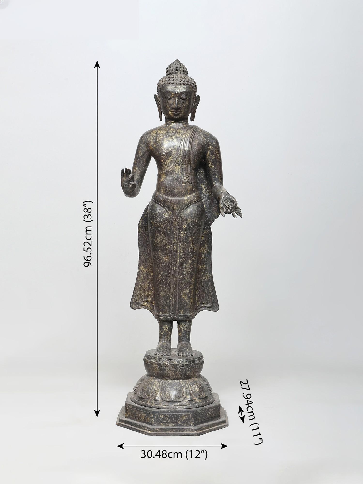 38" Large Standing Lord Buddha in Vitark Mudra | Brass Statue - 2
