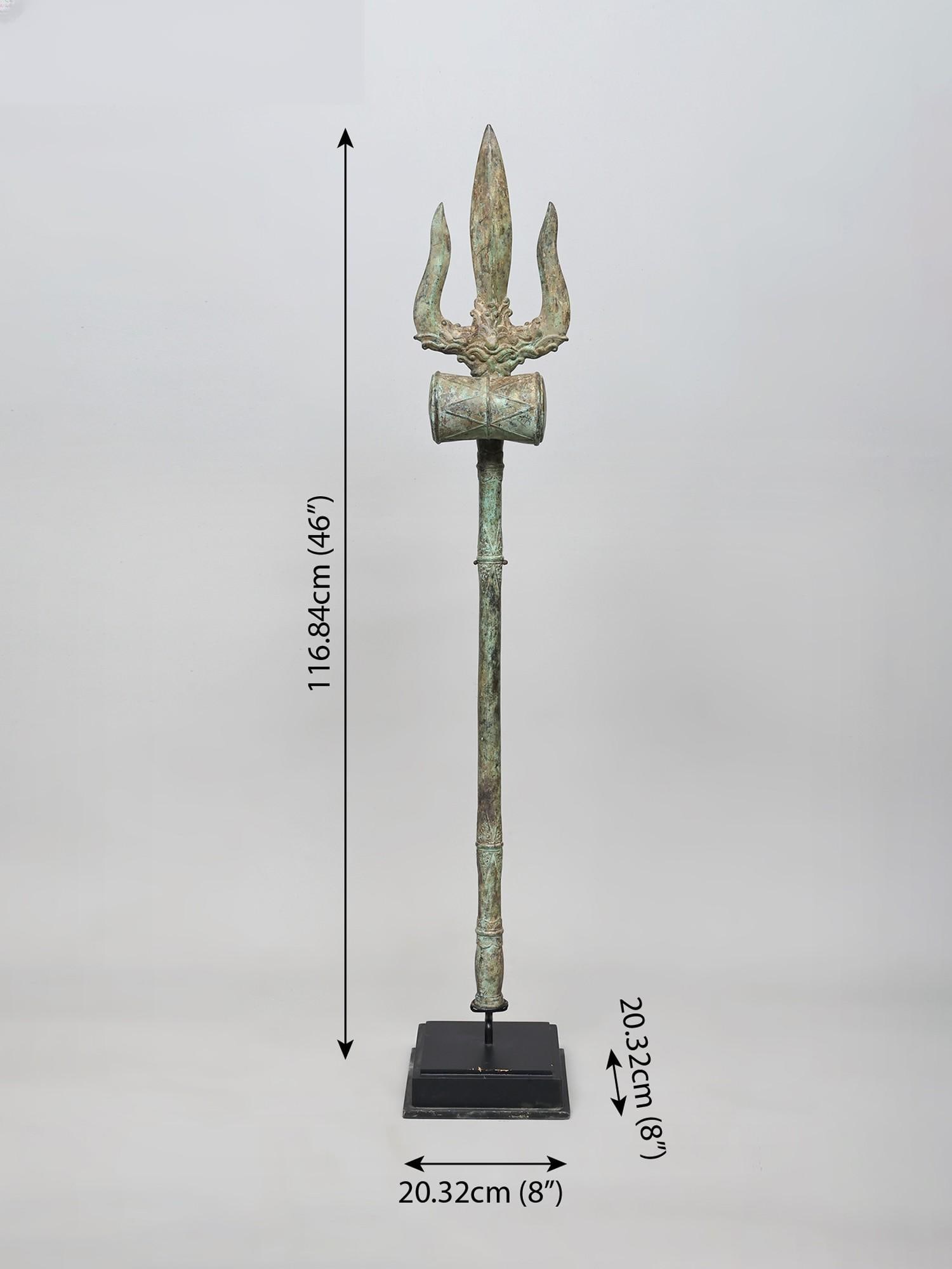 46" Large Brass Trident of Lord Shiva on Wood Base - 2