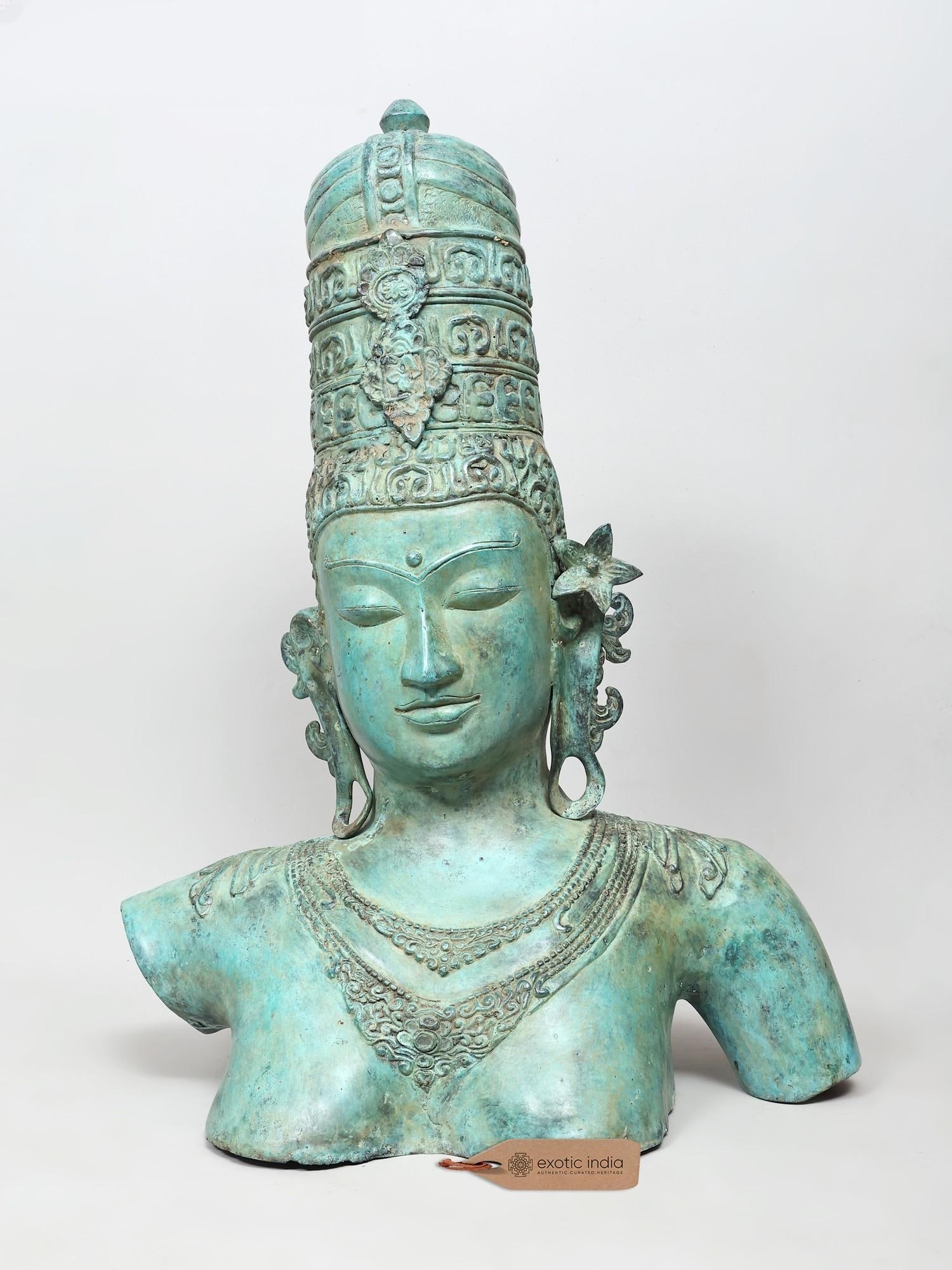 30" Large Goddess Parvati Bust | Brass Idol: Embodiment of Divine Feminine Power This magnificent brass bust captures the serene yet powerful presence of Goddess Parvati, a principal deity in Hinduism, revered as the divine mother, consort of