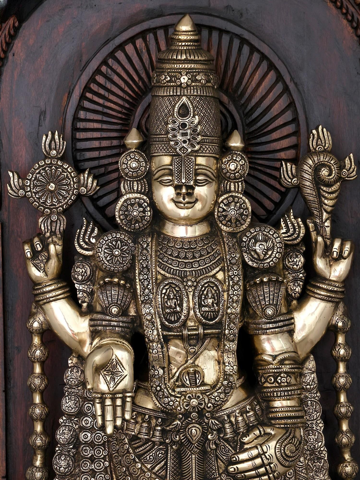 48" Large Superfine Brass Lord Tirupati Balaji (Venkateswara) with Wood Carved Kirtimukha Throne | - 2