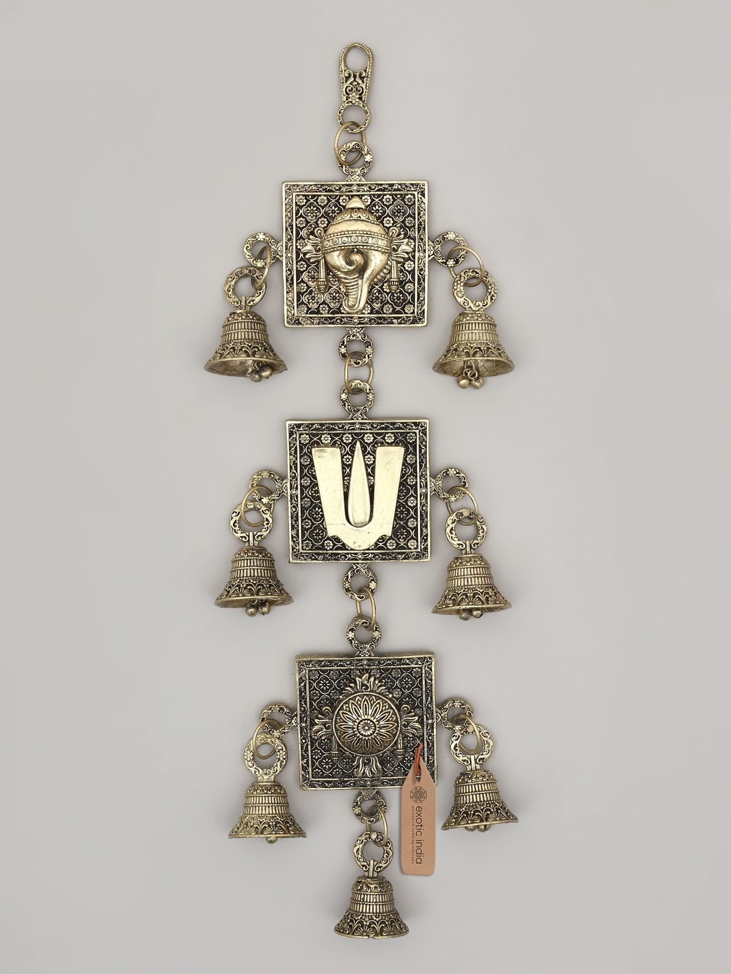 12" Superfine Chakra Tilak and Conch - Vaishanava Symbols | Brass Wall Hanging: Echoes of Devotion: A Brass Wall Hanging of Sacred Symbols Invite a touch of divine grace and sacred resonance into your home with this exquisitely crafted brass wall hanging. This artisanal piece is