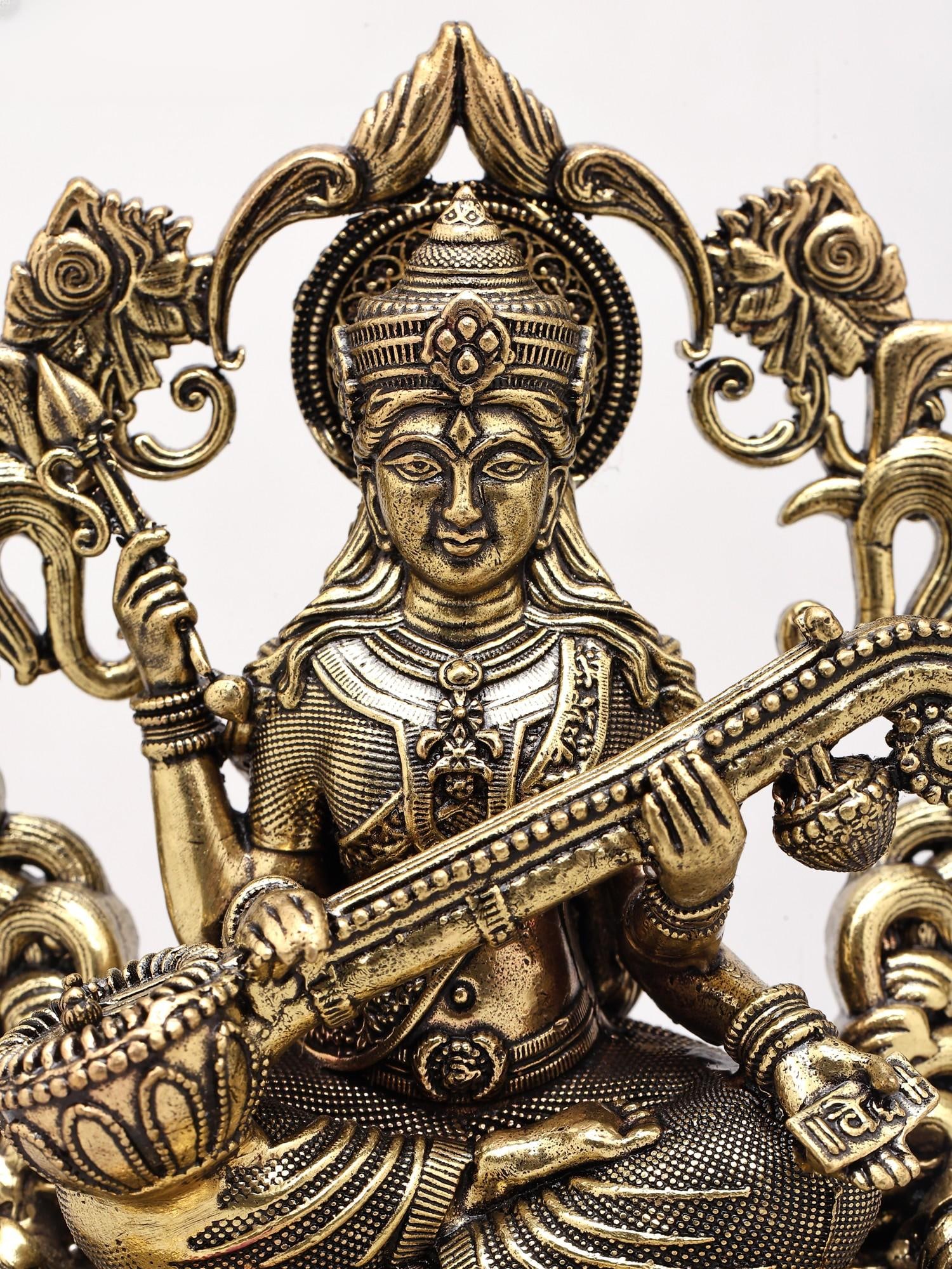 4" Small Four Armed Goddess Saraswati | Brass Statue - 2