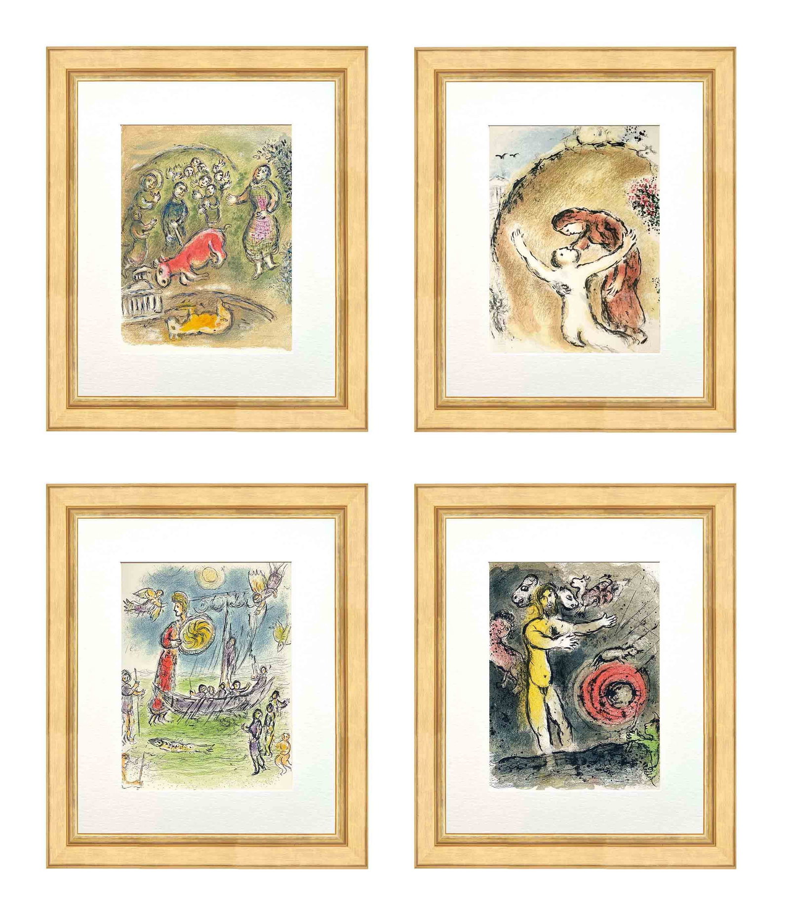 1989 Chagall Set of four framed Odyssee 3-4-6-16: Title: Set of four framed from Odyssee Artist: Marc Chagall Medium: Lithograph N. 3, 4, 6, 16 Marks: Not signed, not numbered Printed: 1989 in Germany Paper size: 15 x 12 inches on wove paper