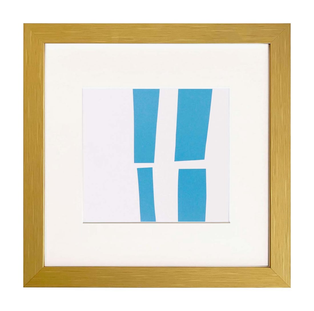 Ellsworth Kelly 1999 Blue white 18 framed: Artist: Ellsworth Kelly Title: Blue white Medium: Linogravure 18 Marks: Not signed, not numbered Printed: 1999 by Heinrich Winterscheidt, D?sseldorf Size: 7.50 x 8 inches Provenance: Kelly Exposition 