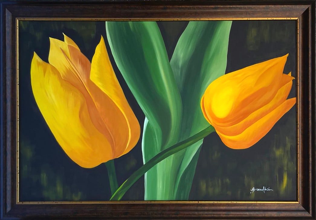 Grace Absi Yellow Tulips 2001 Oil Painting on Canvas Framed: Title: Yellow tulips Artist:?Grace Absi Country: USA Medium: Oil Painting on Canvas Marks: Created and Signed in 2001 Canvas Size: 36 X? 24 inch Condition: Very good Certificate of Authenticity Is