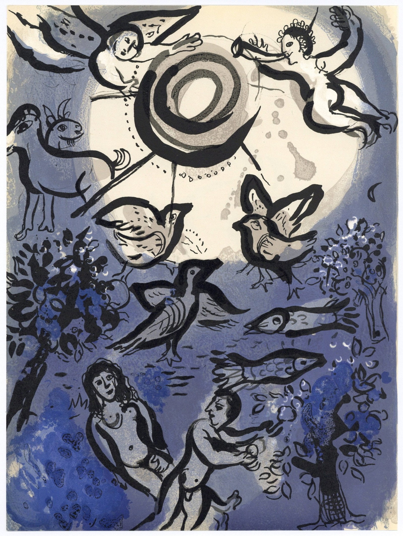 Marc Chagall original Lithograph Creation Bible 1960 *: Artist: Marc Chagall Country: Russia Title: Creation Medium: Color Lithograph Marks: Not signed, not numbered Printed: by Mourlot, France 1960 Paper: Wove paper size 15 x 10.5 inch Provenance: Drawing