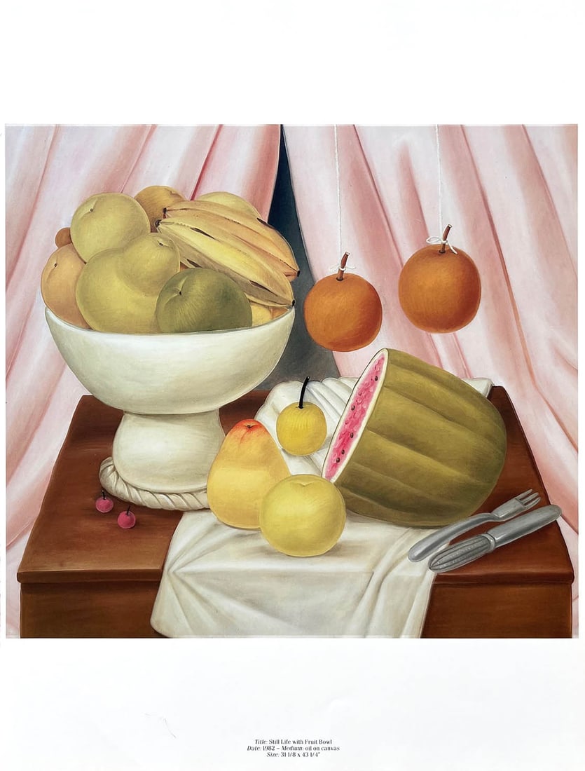 Fernando Botero 59 Still life with fruit bowl 1983: Title: Still life with fruit bowl Artist: Fernando Botero Country: Colombia Medium: Offset, Quadrichromie 59 Marks: Not signed, not numbered Paper size: 16 x 12 inches Printed: 1983 in Italy