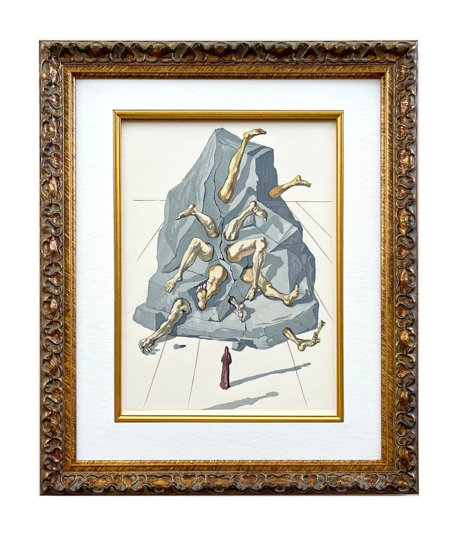 Salvador Dali Woodcut Hell 19 The simonists framed: Artist: Salvador Dali Country: Spain Title: Hell 19 - The simonists Medium: Original Woodcut Marks: Not signed not numbered Paper Size: BFK Rives paper 13.40 x 9.80 inches Printed: 1960 by Les Heures
