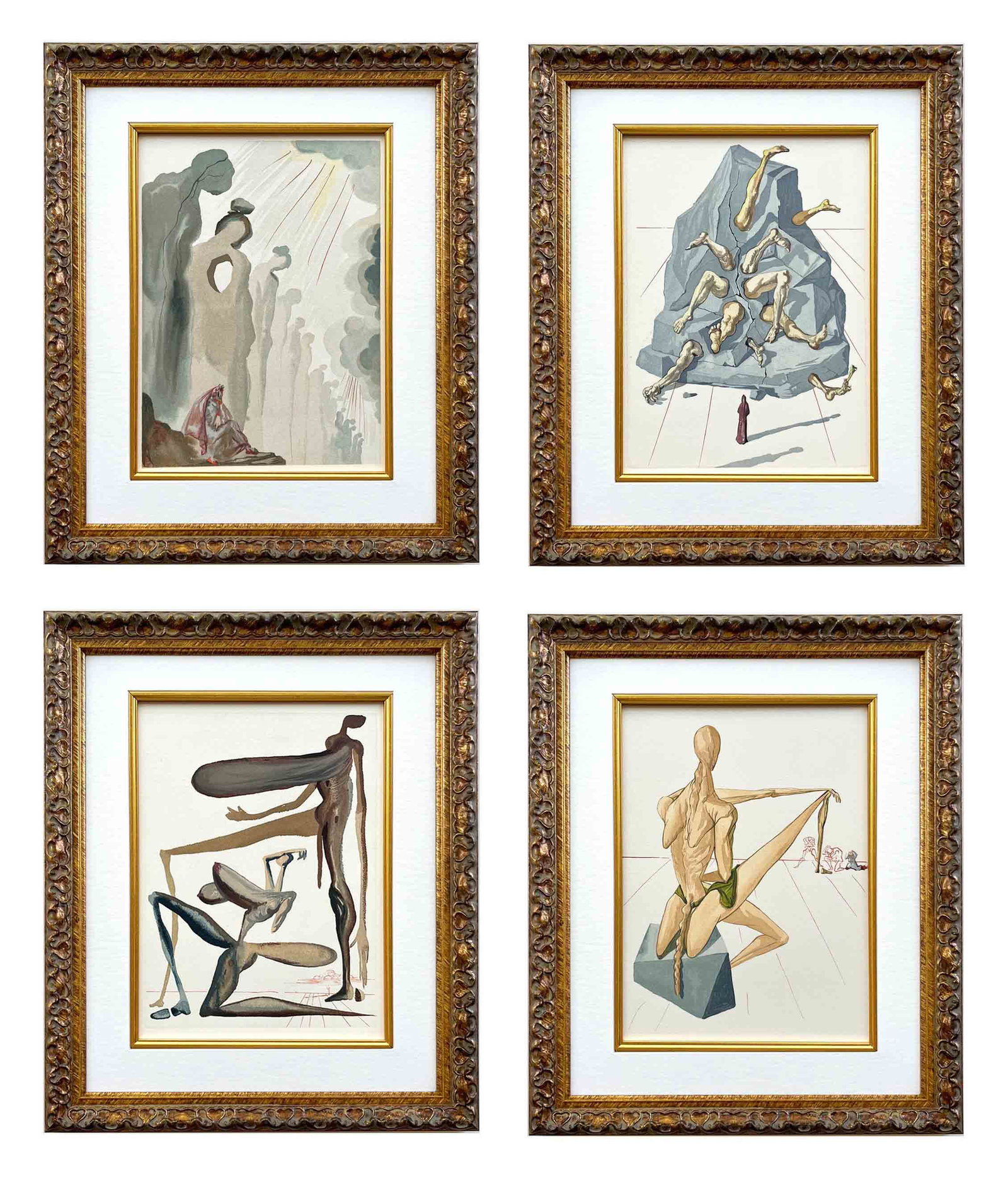 Salvador Dali Set of four Divine comedy 5-13-16 -19 framed: Artist: Salvador Dali Country: Spain Title: Set of Four Woodcuts 5-13-16-19 Medium: Original Woodcut Marks: Not signed not numbered Paper Size: BFK Rives paper 13.40 x 9.80 inches Printed: 1960 by
