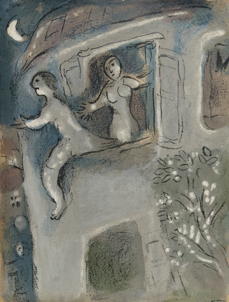 Chagall Lithograph Bible 1960 David Saved by Michal: Artist: Marc Chagall Country: Russia Title: David Saved by Michal Medium: Color Lithograph Marks: Not signed or numbered Printed: 1960 by Mourlot, France Paper size: on woove 15 x 10.50 inch Provenanc