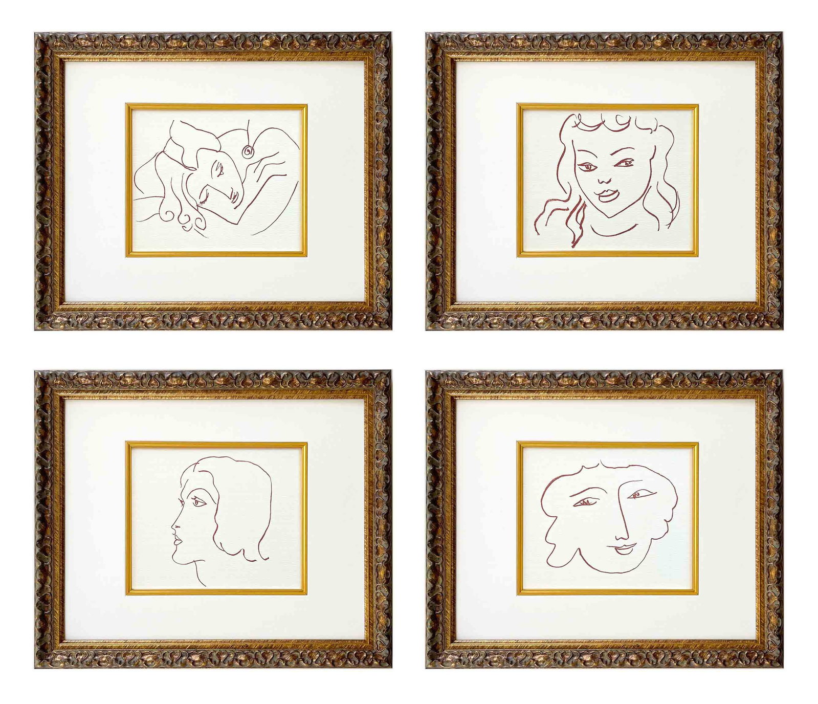 Matisse Set of four Florilege Des Amours 1-134-178-180 framed: Artist: Henri Matisse (after) Country: France Title: Set of four Florilege Des Amours 1-134-178-180 Medium: Sanguine lithograph Paper: Bouffant paper, size 11 x 8.75 inches Published: Circa 1970s in