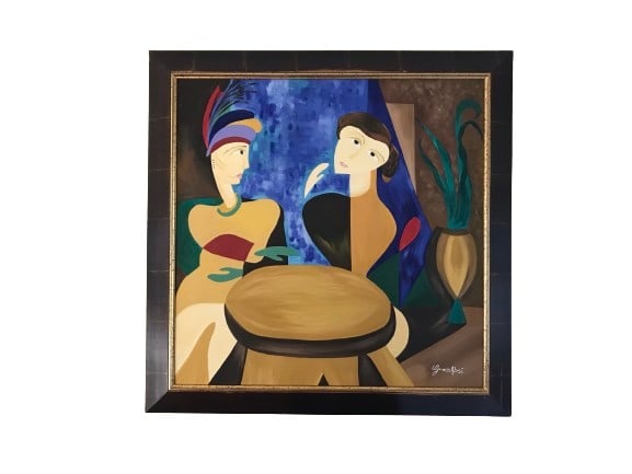 Grace Absi Sisters 2001 Oil Painting on Canvas Framed: Title: Sisters Artist:?Grace Absi Country: USA Medium: Original Oil Painting on Canvas Marks: Created and Signed in 2001 Canvas Size: 36 x 36 inch Certificate of Authenticity Is Included Framed size
