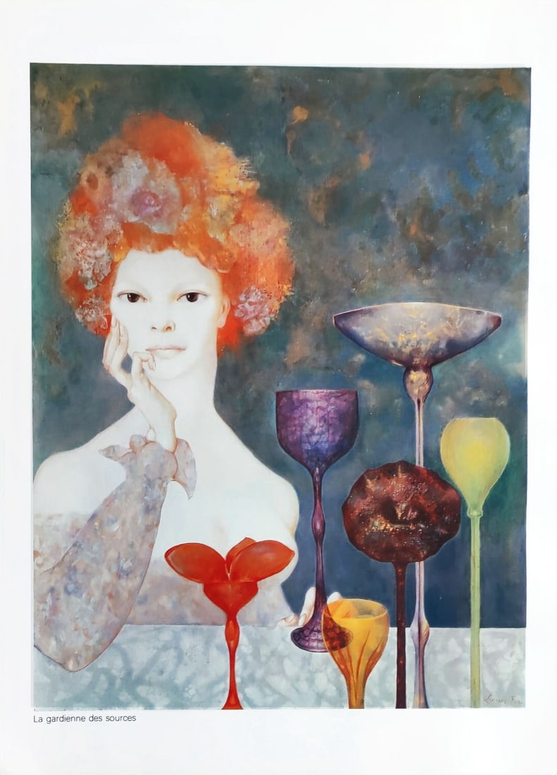 Leonor Fini Photogravure La Gardienne des Sources 1980: Artist: Leonor Fini Country: Argentina Title: La Gardienne des Sources Medium: Photogravure Marks: Not signed, not numbered Paper: Rives vellum 15.75 x 11.25 inches Printed: 1980 in Switzerland Proven