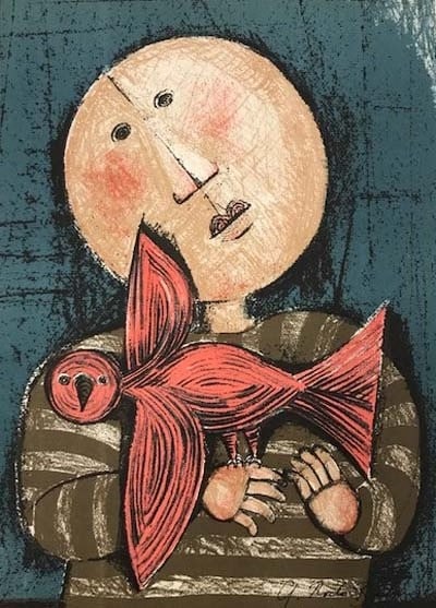 Boulanger Original Lithograph Mourlot Enfant et Oiseau 6: Title: Enfant et oiseau? 6 Artist: Graciela Boulanger Country: Bolivia Medium: Original Lithograph Marks: Signed in plate, not numbered Printed: 1973 by Mourlot France Paper Size: Vellum 12.25 x 9.25