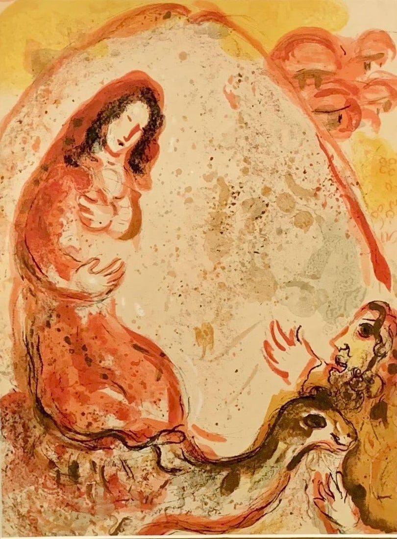 Chagall Lithograph Rachel hides her father's household gods 1960: Artist: Marc Chagall Country: Russia Title: ?Rachel hides her father's household gods Medium: Color Lithograph Marks: Not signed or numbered Printed: 1960 by Mourlot, France Paper size: on woove 15 x