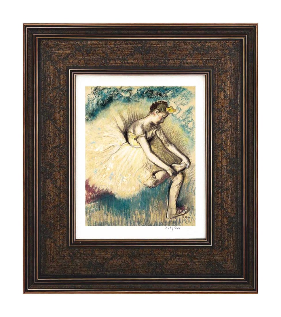 Edgar Degas Danseuse attachant sa chaussure framed: Artist: Edgar Degas Country: France Title: Danseuse attachant sa chaussure Medium: Giclees Marks: Limited Edition numbered, not signed Paper: Arches paper 10 x 8 inches Printed: 2002 in the USA by