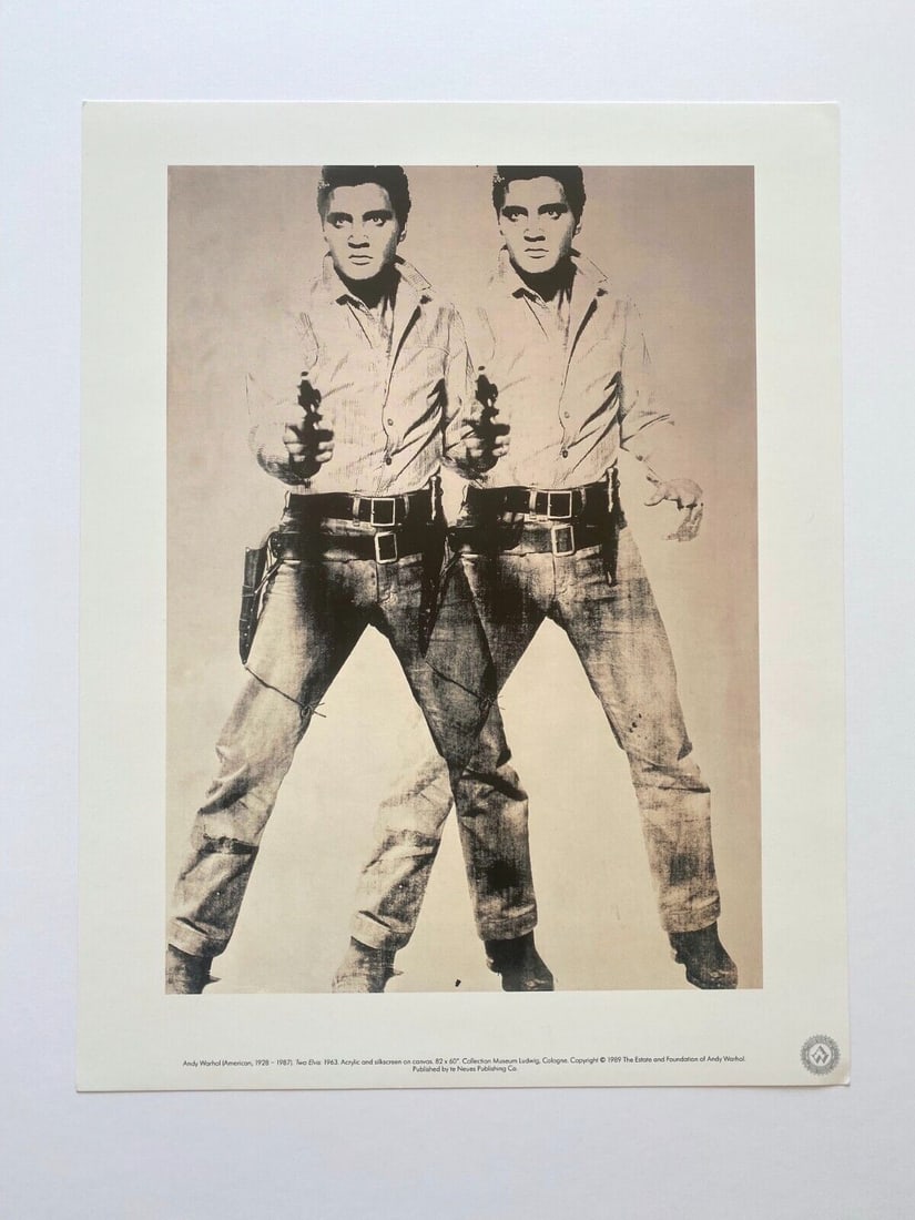 1989 Andy Warhol Pop Art Two Elvis (1963): Artist: Andy Warhol Country: USA Title: Two Elvis (1963) Printed: 1989 offset on high quality smooth finish paper Marks: Not signed not numbered Paper Size: 16 x 12 inch Provenance: Portfolio by te
