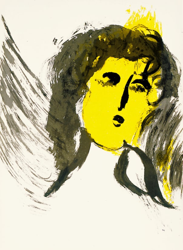1956 Verve Bible Chagall Original Lithograph Angel: Title: Angel Artist: Marc Chagall Medium: Original Lithograph Marks: Not signed, not numbered Printed: by Mourlot, France 1956 Paper: Wove paper size 14 x 10.50 inch Provenance: The Bible revue Verve