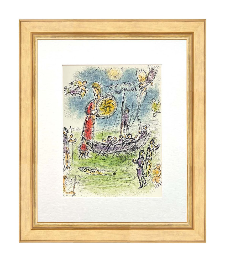 1989 Chagall Lithograph Odyssee Athene guides Telemachus Boat v1-3 framed: Title:Athene guides Telemachus Boat Artist: Marc Chagall Medium: Lithograph v1-3 Marks: Not signed, not numbered Printed: 1989 in Germany Paper size: 15 x 12 inches on wove paper Provenance: Rare port