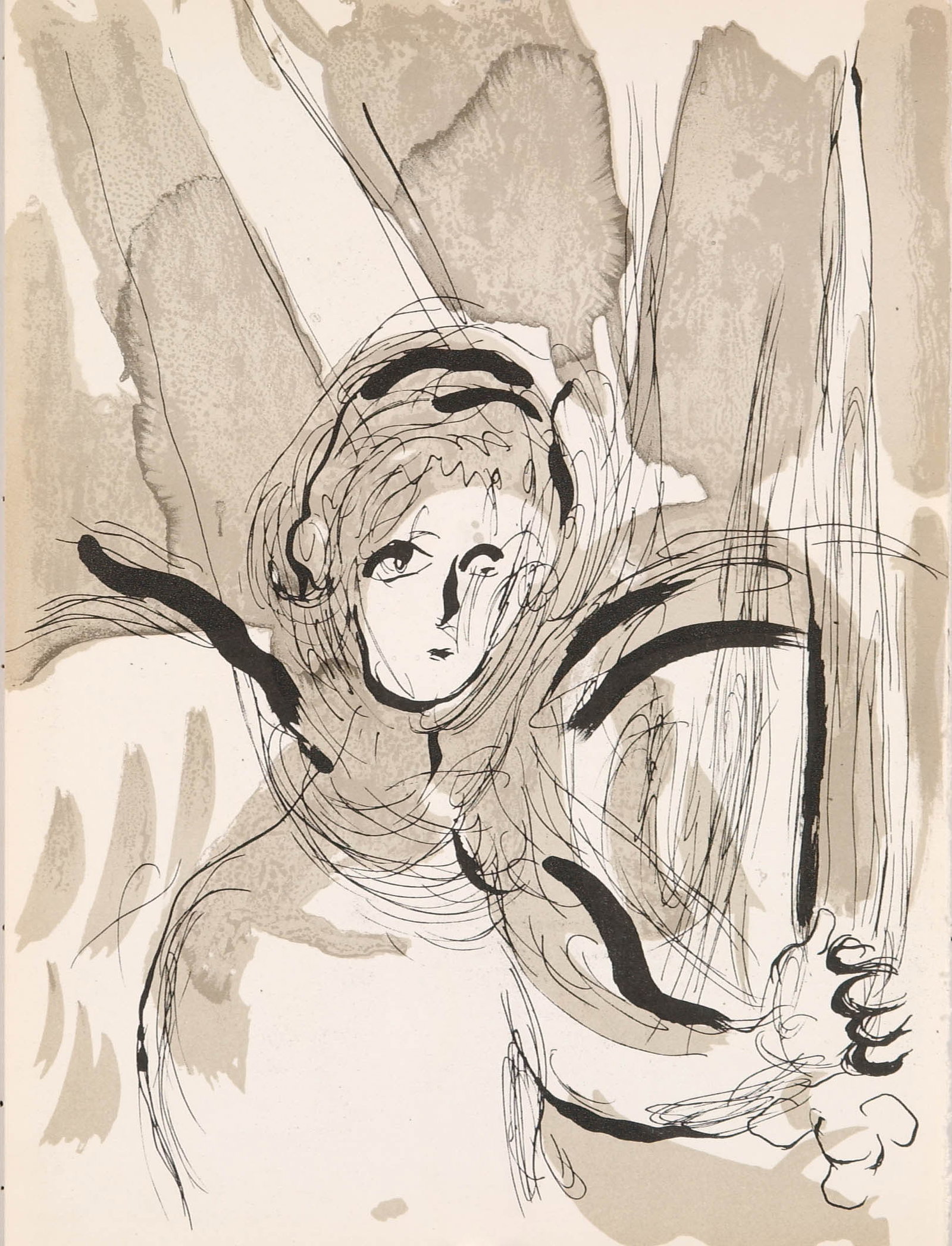 1956 Verve Bible Chagall Original Lithograph Angel with sword: Title: Angel with Sword Artist: Marc Chagall Medium: Original Lithograph Marks: Not signed, not numbered Printed: by Mourlot, France 1956 Paper: Wove paper size 14 x 10.5 inch Provenance: The Bible