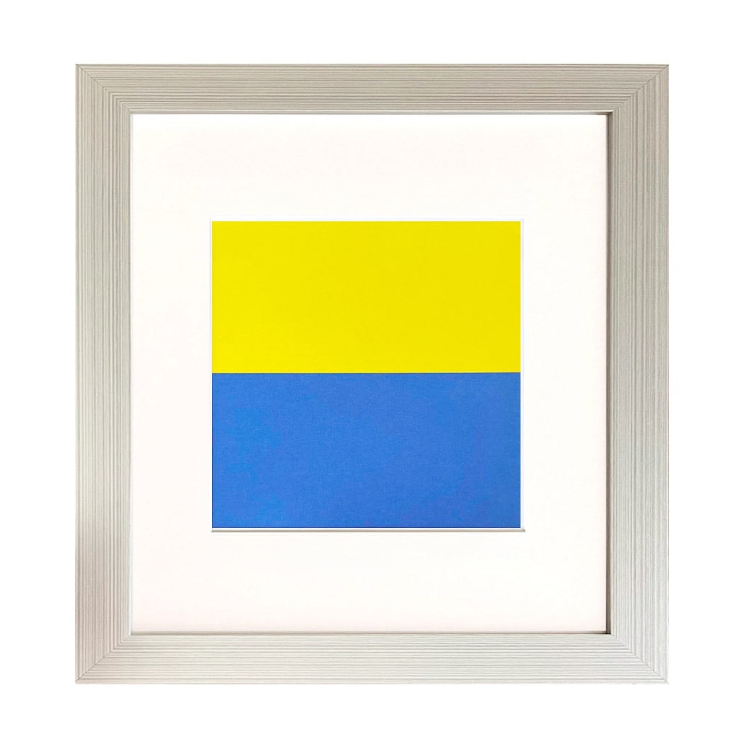 Ellsworth Kelly 1999 Yellow Blue 4 framed: Artist: Ellsworth Kelly Title: Yellow Blue Medium: Linogravure 4 Marks: Not signed, not numbered Printed: 1999 by Heinrich Winterscheidt, D?sseldorf Size: 7.50 x 8 inches Provenance: Kelly Exposition 