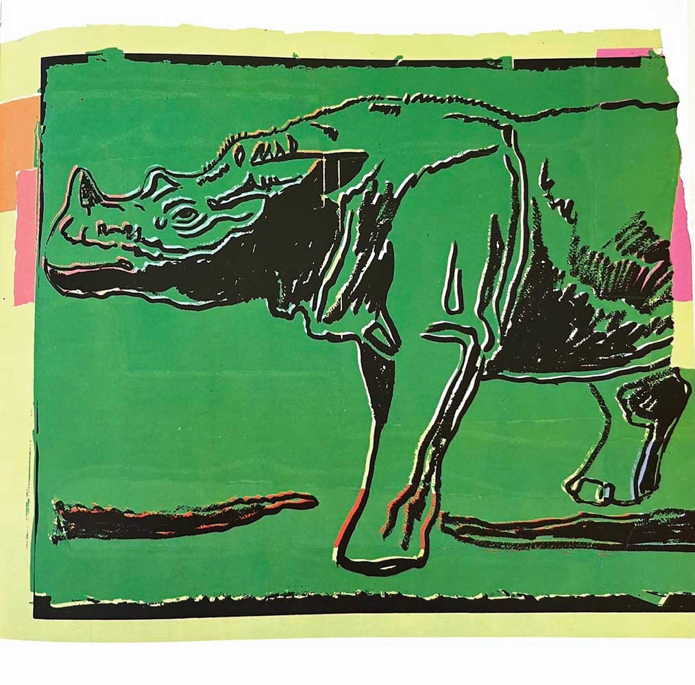Andy Warhol Sumatra's Rhinoceros 1986 Vanishing Animals: Title: Sumatra's Rhinoceros Artist: Andy Warhol Country: USA Medium: Offset print Marks: Not signed or numbered nor framed Paper Size: 10.50 x 10.25 inch Printed: 1986 Offset by Sturtz Wutzburg,