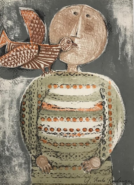 Boulanger Original Lithograph Mourlot Enfant et Oiseau 2: Title: Enfant et oiseau 2 Artist: Graciela Boulanger Country: Bolivia Medium: Original Lithograph Marks: Signed in plate, not numbered Printed: 1973 by Mourlot France Paper Size: Vellum 12.25 x 9.25