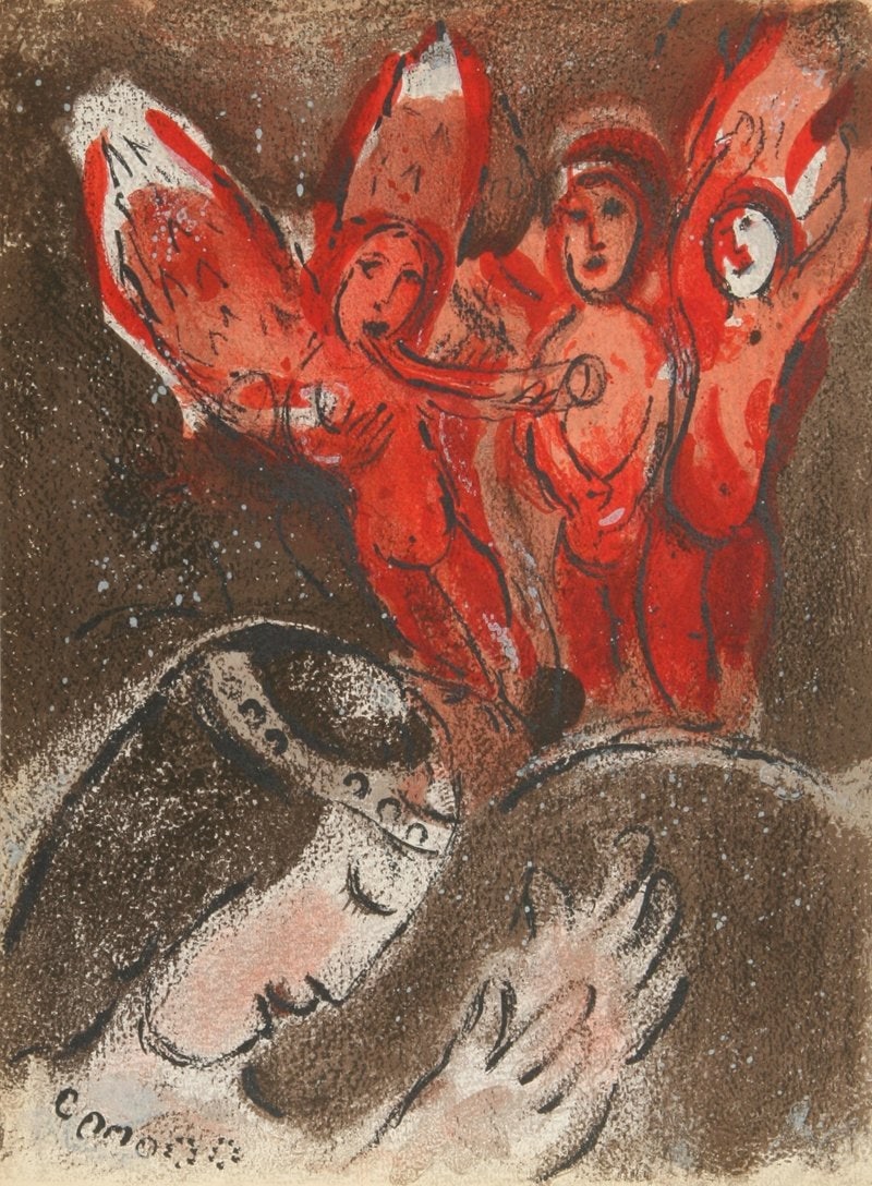 Chagall Lithograph Sarah and the Angels Bible 1960: Artist: Marc Chagall Country: Russia Title: Sarah and the Angels Medium: Color Lithograph Marks: Not signed or numbered Printed: 1960 by Mourlot, France Paper size: on woove 15 x 10.50 inch Provenance