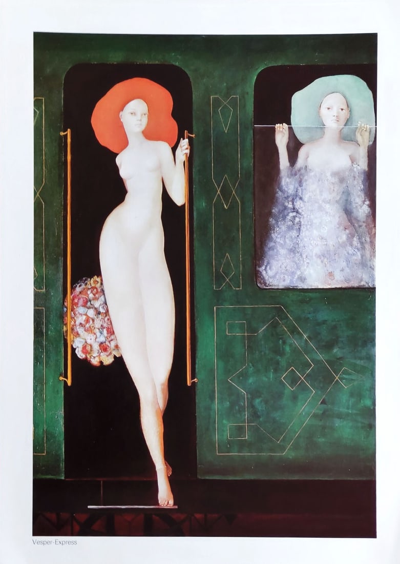 Leonor Fini Photogravure Vesper Express 1980: Artist: Leonor Fini Country: Argentina Title: Vesper Express Medium: Photogravure Marks: Not signed, not numbered Paper: Rives vellum 15.75 x 11.25 inches Printed: 1980 in Switzerland Provenance: Port