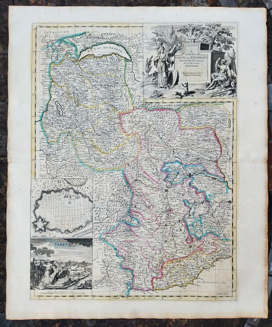 1721 MAP of FRANCE - SAVOY & PIEDMONT ANTIQUE w/ plan of Turin & view of Verrua - 2