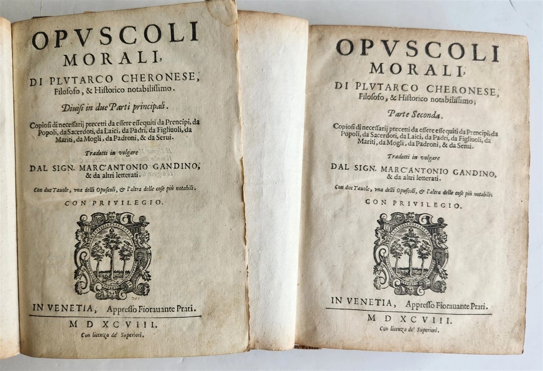 1598 PLUTARCH PHILOSOPHICAL WORK Opuscoli Morali 2 VOLUMES antique VELLUM BOUND - 2