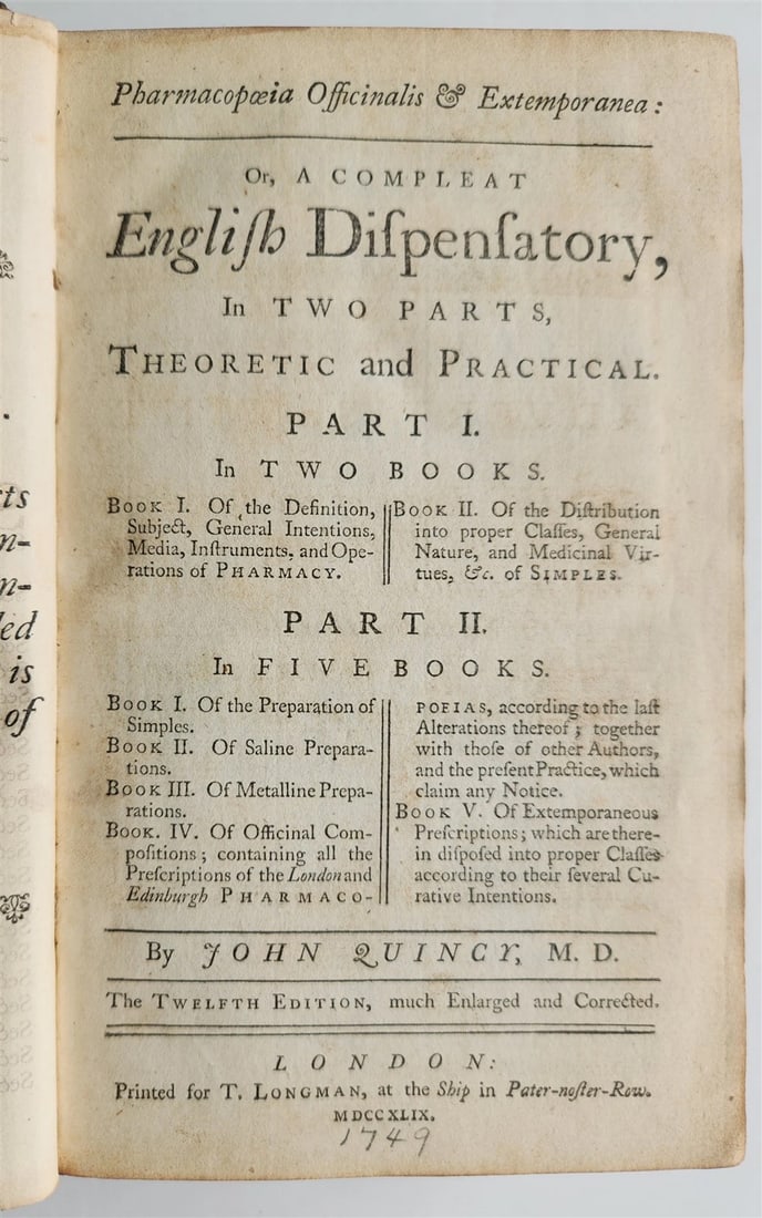 1749 Pharmacopoeia Complete English Dispensatory ANTIQUE by John Quincy - 2