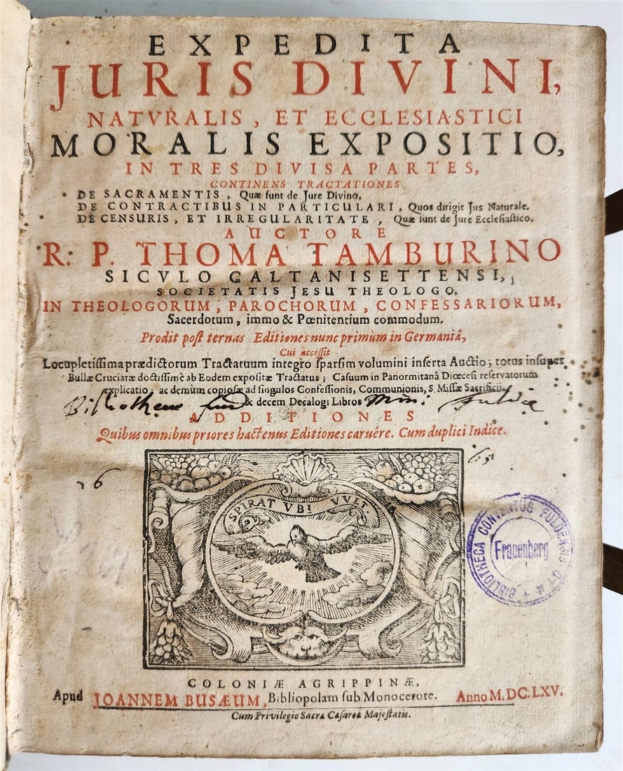 1665 THEOLOGY by Tommaso Tamburini antique PERIOD BINDING PIGSKIN w/ CLASPS - 3