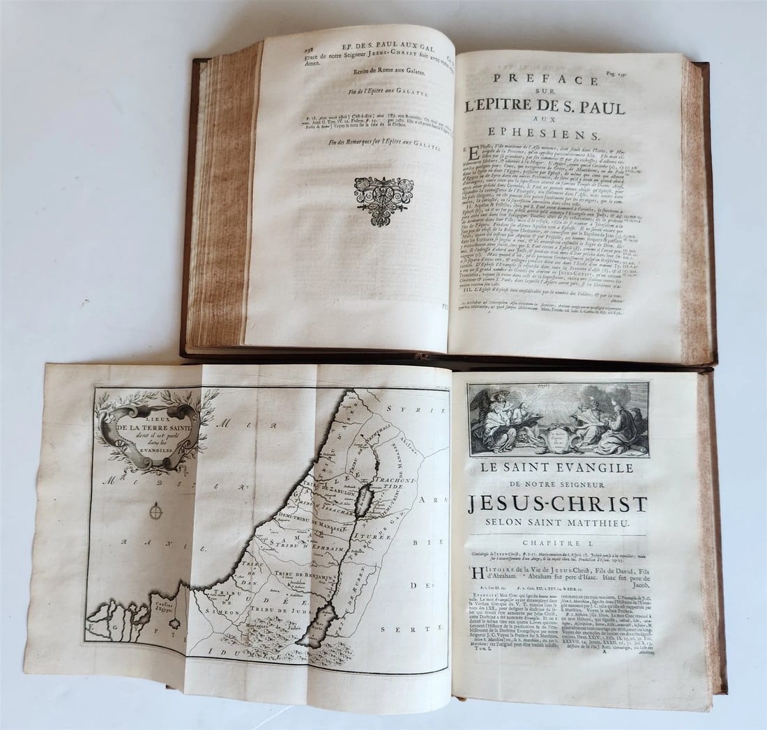 1718 BIBLE in FRENCH 2 volumes NEW TESTAMENT antique ILLUSTRATED w/ MAPS - 5