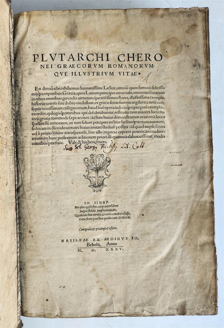 1535 LIVES OF ILLUSTRIOUS GREEKS & ROMANS by PLUTARCH antique PIGSKIN FOLIO - 2