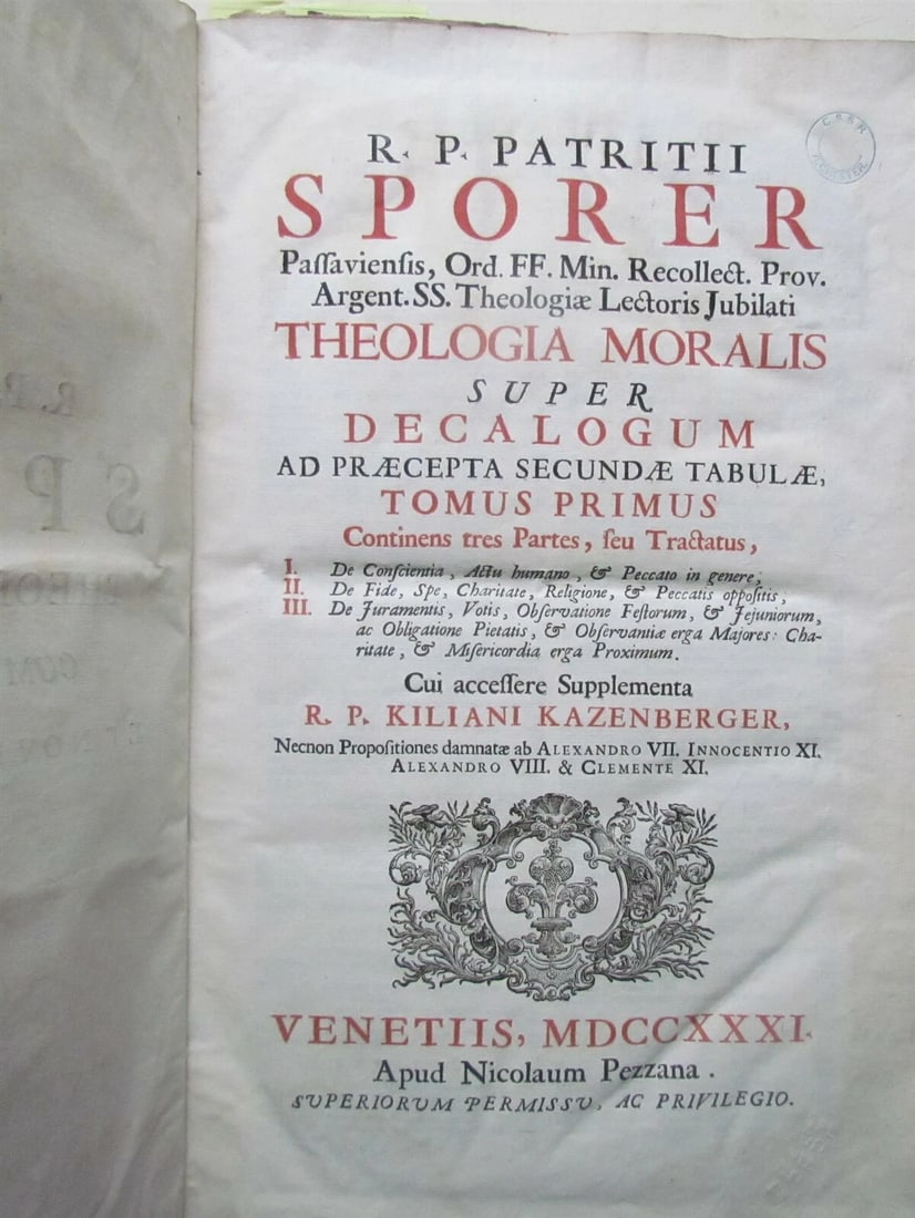 1731 VELLUM BINDING FOLIO PATRITII SPORER THELOLOGIA ANTIQUE - 3