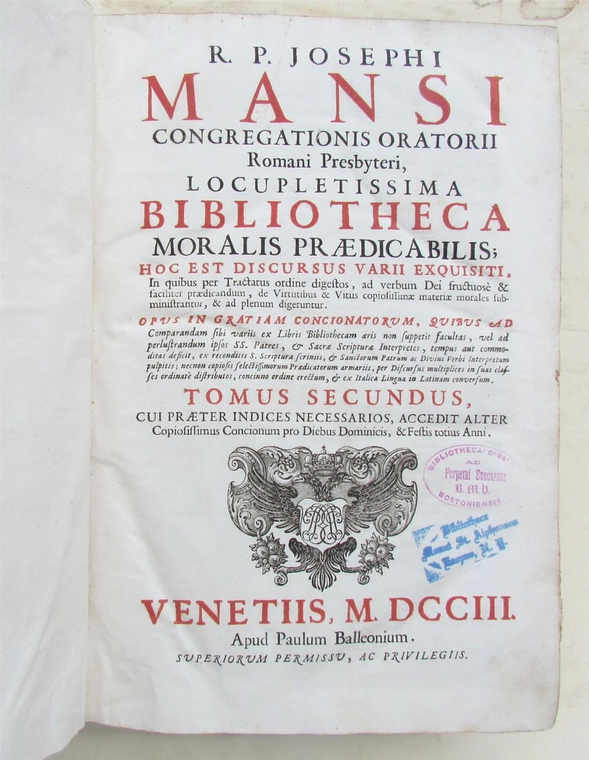 1703 VELLUM BINDING MASSIVE FOLIO Bibliotheca moralis by Josephi Mansi antique - 4