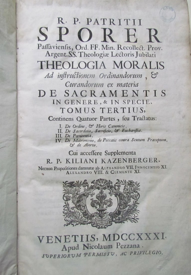 1731 VELLUM BINDING FOLIO PATRITII SPORER THELOLOGIA ANTIQUE - 3