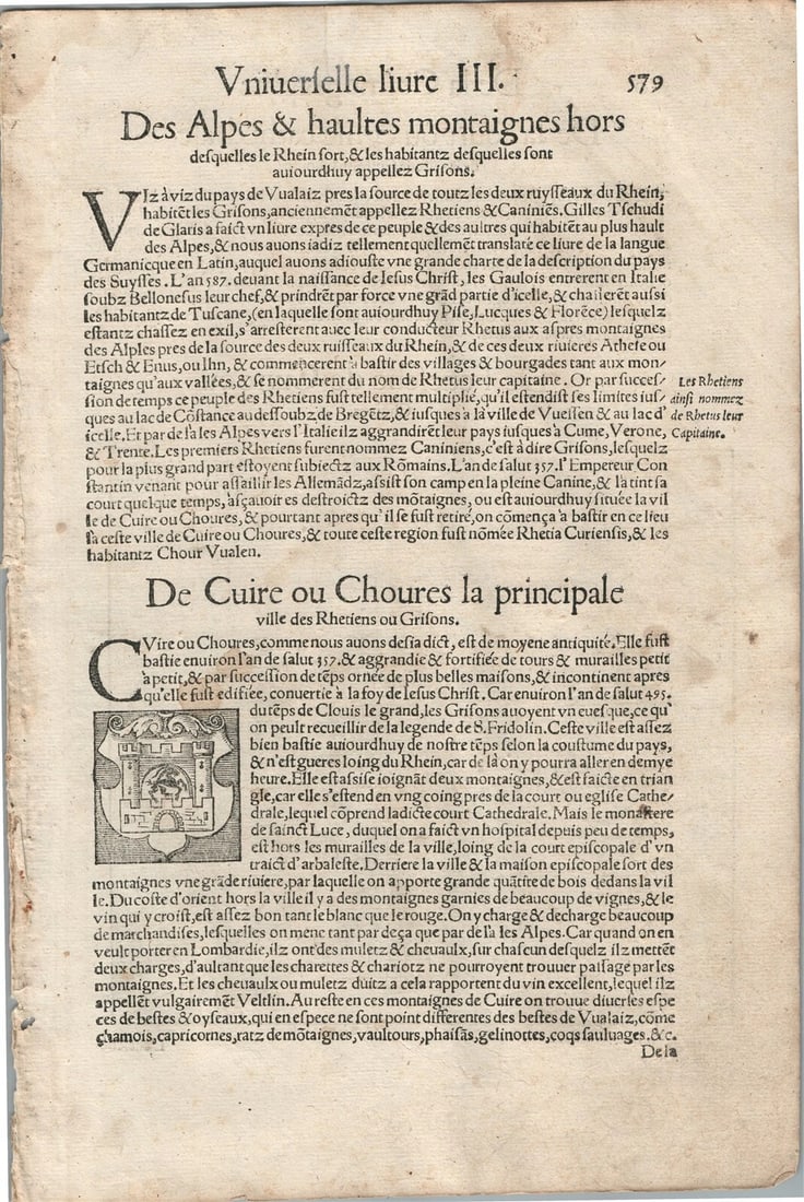 1575 CHUR SWITZERLAND VIEW LEAF from BELLEFOREST EDITION of MUNSTER COSMOGRAPHY - 3