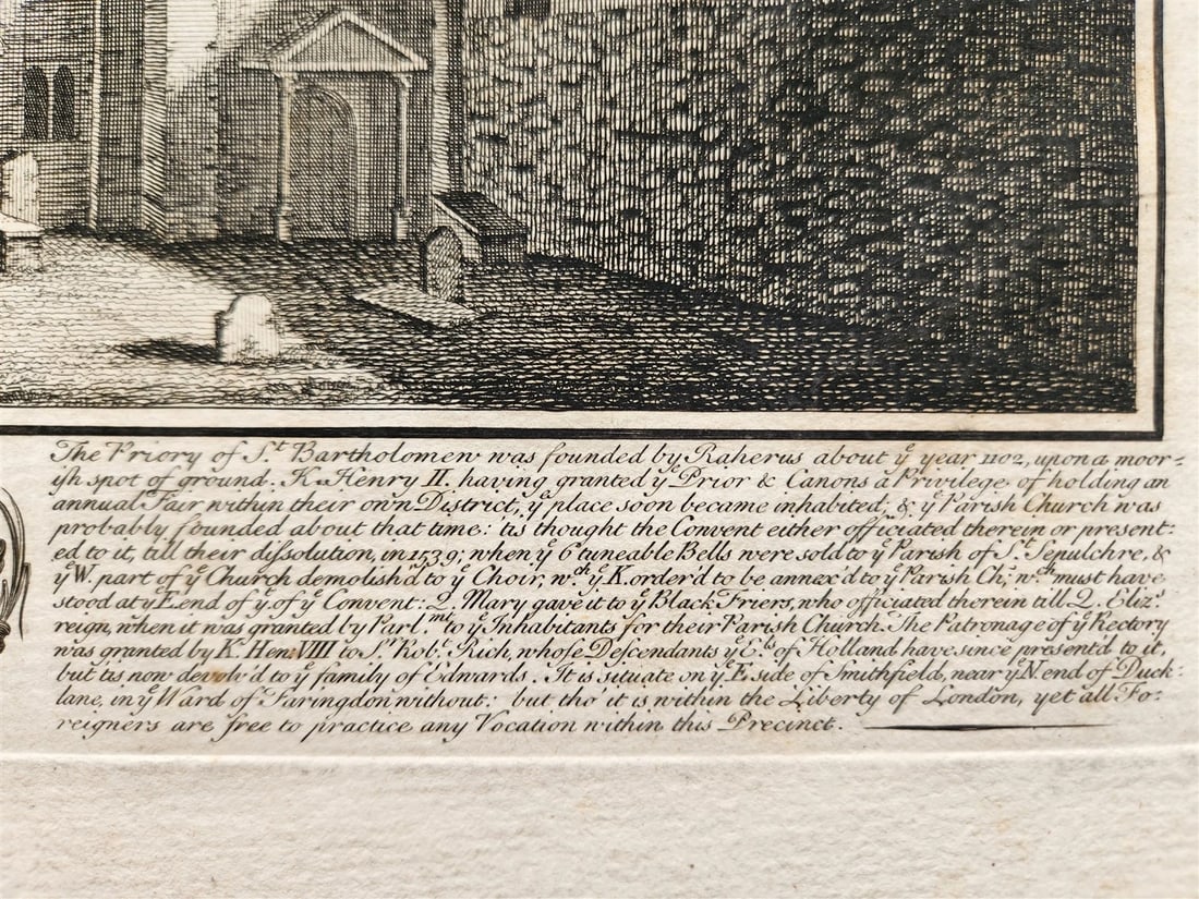 1730s ENGRAVING antique West Prospect of the Church of St Bartholomew the Great - 4