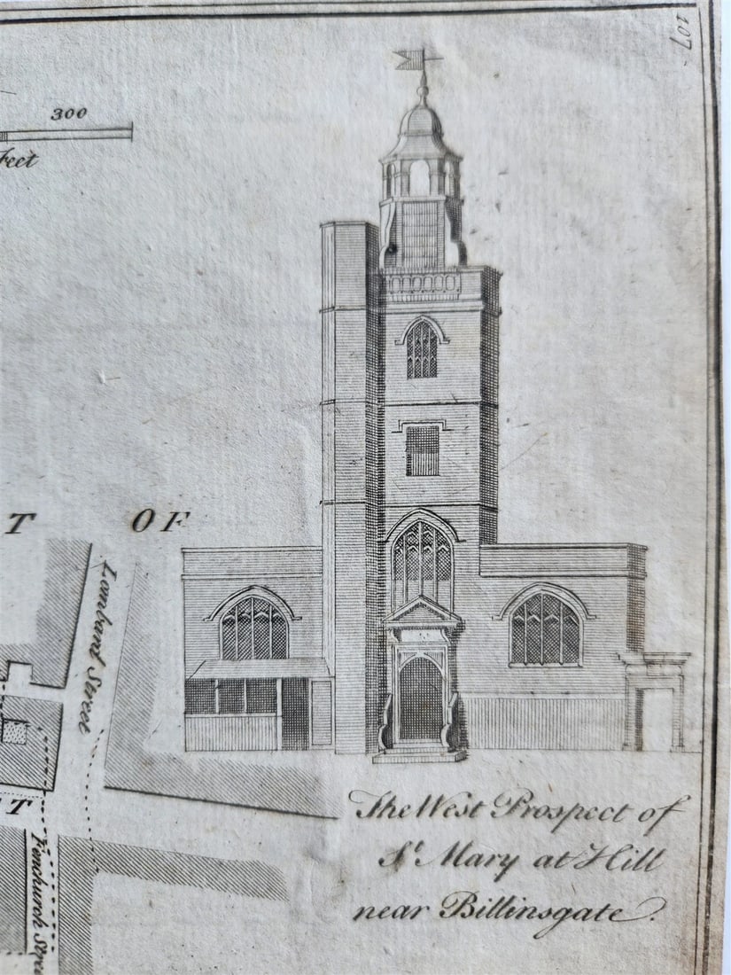 1754 MAP of LONDON antique BILLINGSGATE WARD and BRIDGE WARD WITHIN PARISHES - 4