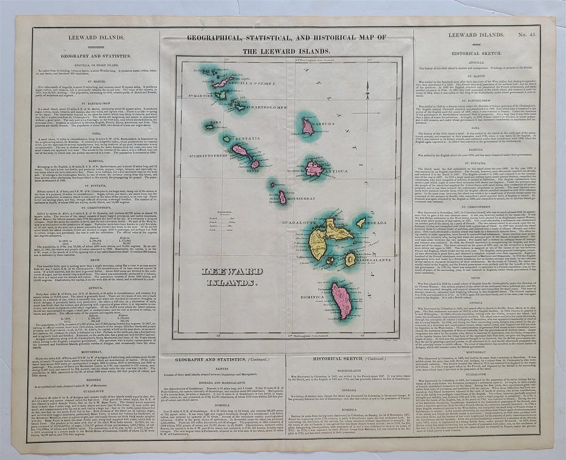 1822 MAP of LEEWARD ISLANDS GEOGRAPHICAL STATISTICAL HISTORICAL antique 17.5x22" - 2