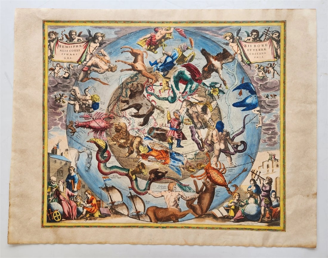 VINTAGE CELESTIAL MAP by CELLARIUS w/ ZODIAC SIGNS of NORTHERN HEMISPHERE - 2