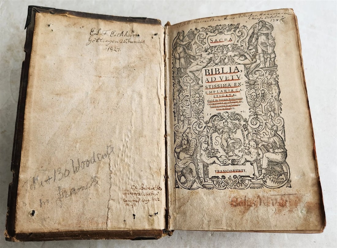1571 BIBLE in LATIN ILLUSTRATED w/ 135 WOODCUTS antique PIGSKIN w/ METAL CORNERS - 7